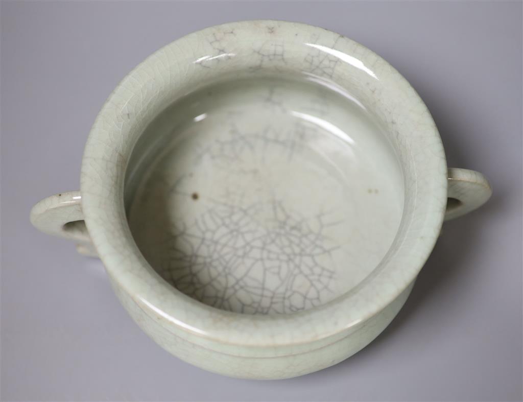 A Chinese Guan type crackleware censer, 22cm diameter including handles